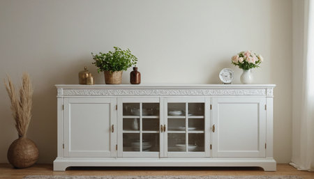 White chest of drawers with vases and vases on the floorの素材