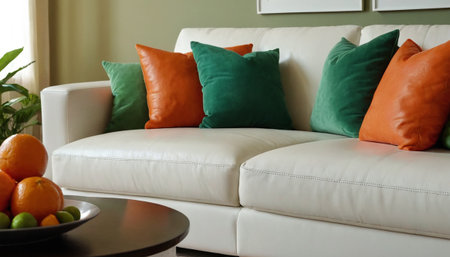 Interior of living room with white sofa, orange and green pillowsの素材