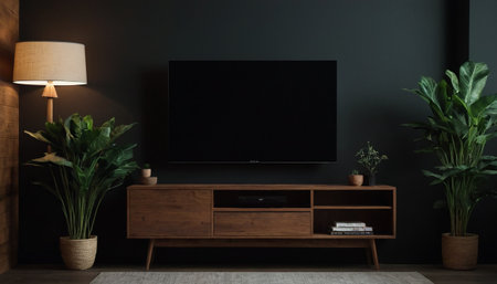 TV on wooden cabinet in modern living room with plant. 3d renderingの素材