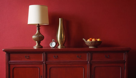 Vintage chest of drawers and lamp on red wall background.の素材
