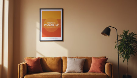 Interior of a modern living room with a sofa and a posterの素材