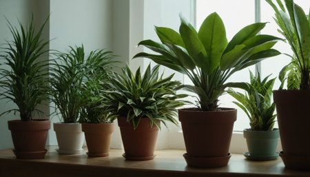 Houseplants in pots on windowsill, closeup. Home decorの素材