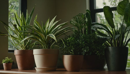 Plants in pots on wooden table near window. Houseplantsの素材