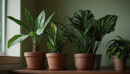Plants in clay pots on a wooden shelf against a green wallの素材
