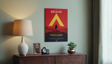Hotel room interior with a sign on the wall and a desk lampの素材
