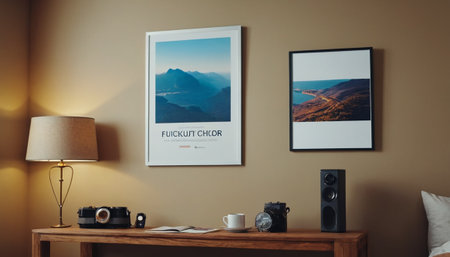 Interior of living room with photo frames, coffee cup, camera and other itemsの素材