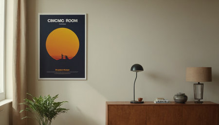 Interior of a living room with a mock up poster on the wallの素材