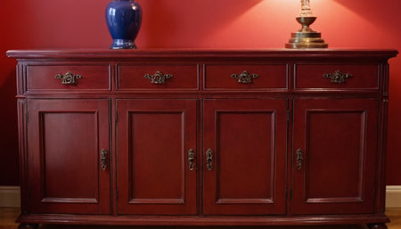 Close up of wooden chest of drawers in a red room.の素材