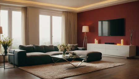 Interior of modern living room with sofa, coffee table and tvの素材