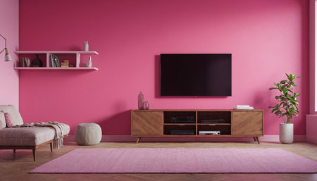 Modern pink living room interior with tv on wall, 3d renderの素材