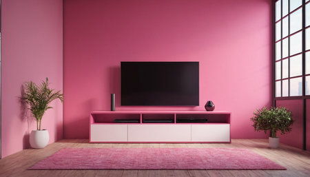 Pink living room with tv on pink wall, 3d rendering.の素材