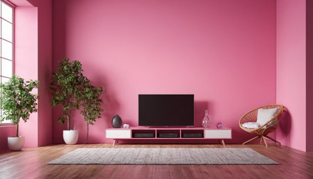 TV on pink wall in modern living room. 3D rendering.の素材