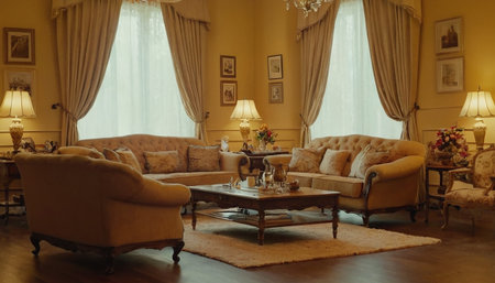 Luxury living room interior in classic style. Sofa, armchairs, coffee table and pictures on wall.の素材