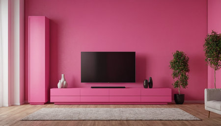 Pink living room with tv on pink wall - 3D Renderingの素材