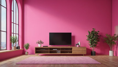 TV on pink wall in modern living room. 3D rendering.の素材