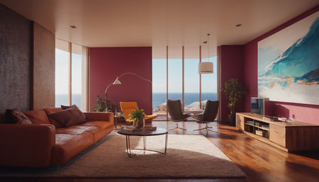 Interior of modern living room with sea view. 3D renderingの素材
