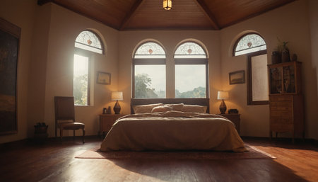 Interior of a hotel bedroom with arched window and wooden floorの素材