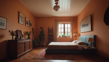 Interior of a hotel bedroom with a double bed and an armchairの素材