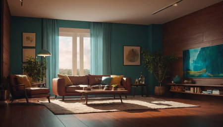 Interior of a living room with a green wall and a brown sofaの素材