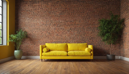interior with yellow sofa. 3d render illustration mock-upの素材