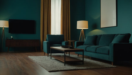 Interior of a living room with a blue sofa and a tableの素材