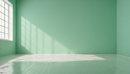 Empty room with green wall and window. 3d render illustration.の素材