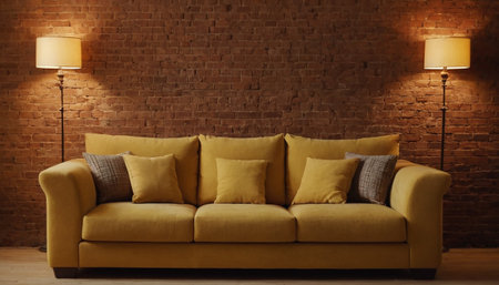 Comfortable yellow sofa with pillows and lamp on brick wall backgroundの素材
