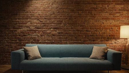 Comfortable blue sofa with pillows and lamp on brick wall backgroundの素材
