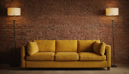 Modern interior design of living room with yellow sofa and floor lamp. 3d renderの素材