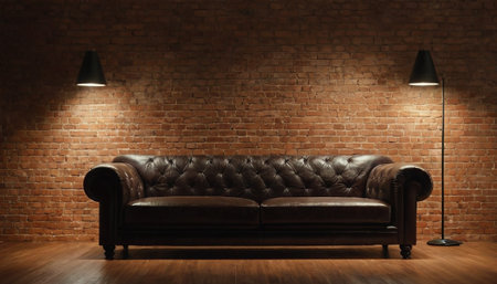 Luxury leather sofa in the living room with a brick wallの素材