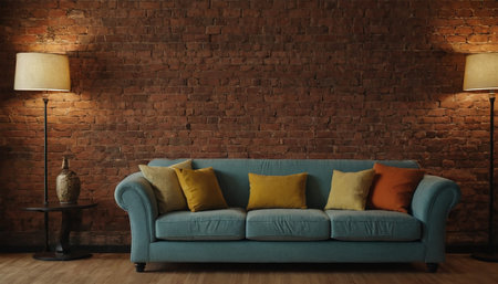 interior with sofa and lamp 3d render illustration mockup imageの素材