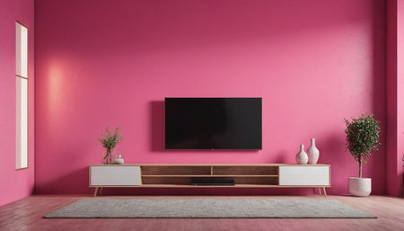 TV on the pink wall in modern living room. 3d renderingの素材