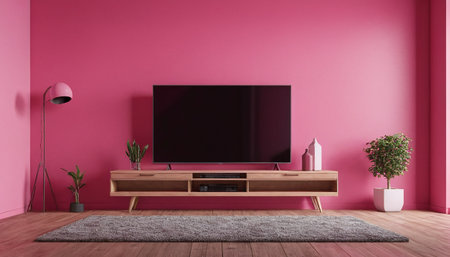 TV on pink wall in modern living room - 3D Renderingの素材