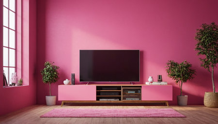 TV on pink wall in living room. 3d render illustration.の素材