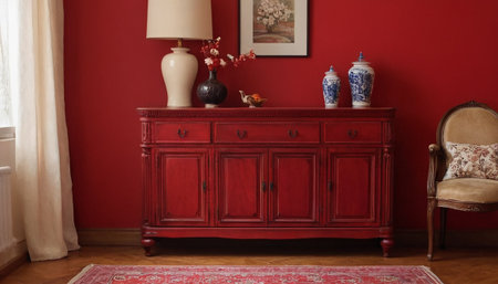 Interior of a red living room with a chest of drawersの素材