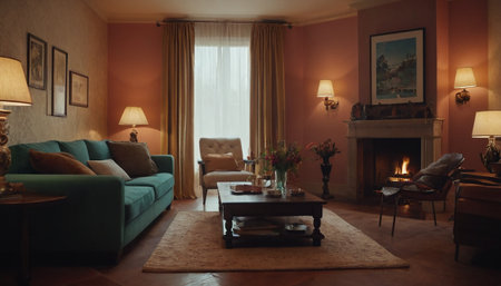 Interior of a living room with a green sofa and a tableの素材