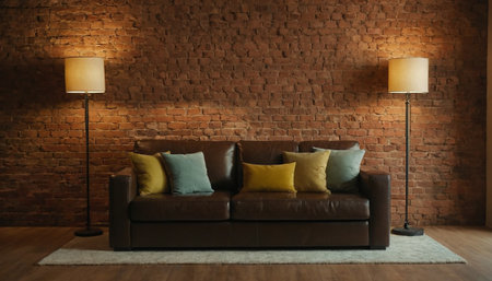 Interior of modern living room with brown sofa, lamp and brick wallの素材