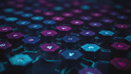 3d rendering of abstract technology background with hexagons and digital elementsの素材