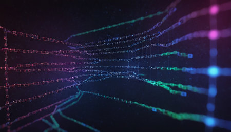 3d illustration of binary code and network connection on black background.の素材
