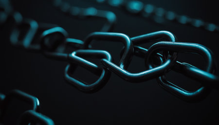 Close up of steel chain on dark background. Shallow depth of field.の素材