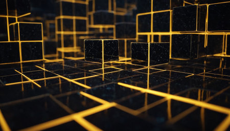 3d illustration of abstract geometric composition, black and gold cubes on dark backgroundの素材