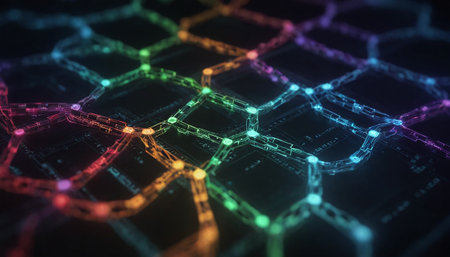 3d illustration of abstract technology background with hexagons and glowing particlesの素材