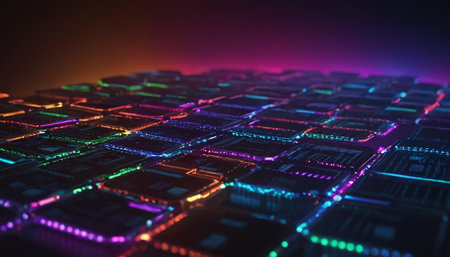 3d rendering of cpu microcircuits with glowing lights on dark backgroundの素材