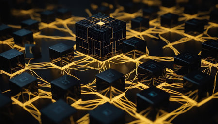 Abstract 3d rendering of cubes with glowing lines on black background.の素材