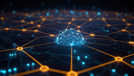 Abstract polygonal dot network connections on dark background 3D renderingの素材