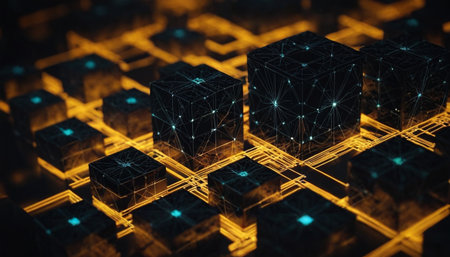 Abstract 3d rendering of black cubes with glowing lights. Network concept.の素材