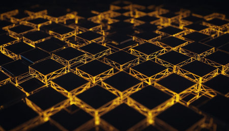 abstract 3d illustration of glowing cubes with depth of field and black backgroundの素材