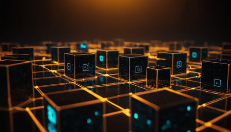 Abstract 3d rendering of black cubes with glowing lights on dark backgroundの素材