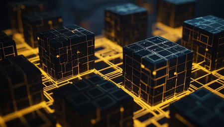 Abstract 3d render of cubes with glowing lines. Technology concept.の素材