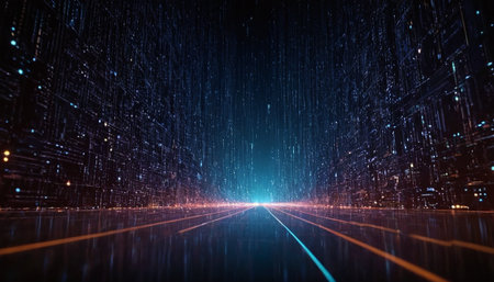 3D illustration of a futuristic road with glowing lines and particles.の素材